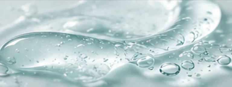 Cool aqua-clear gel pool with rounded droplets on a bright ivory-compatible background.