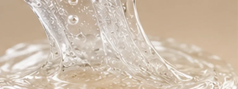 Clear elastic viscous skincare texture stretching across a warm ivory surface.