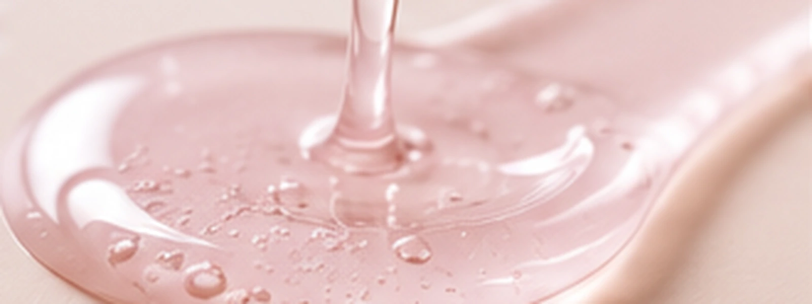 Pale blush translucent serum pool with delicate clear droplets.