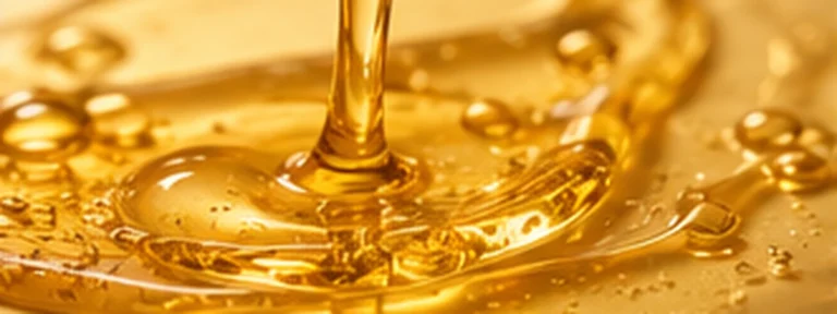 Amber translucent serum with rounded bubbles and a luminous liquid surface.