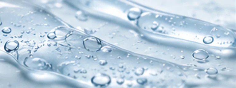 Cool aqua translucent hydration texture with suspended droplets.