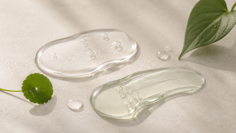 Clear calming serum textures with fresh green botanical leaves on warm ivory stone.