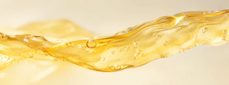 Golden translucent vitamin C serum in a smooth pouring ribbon, warm amber tones.