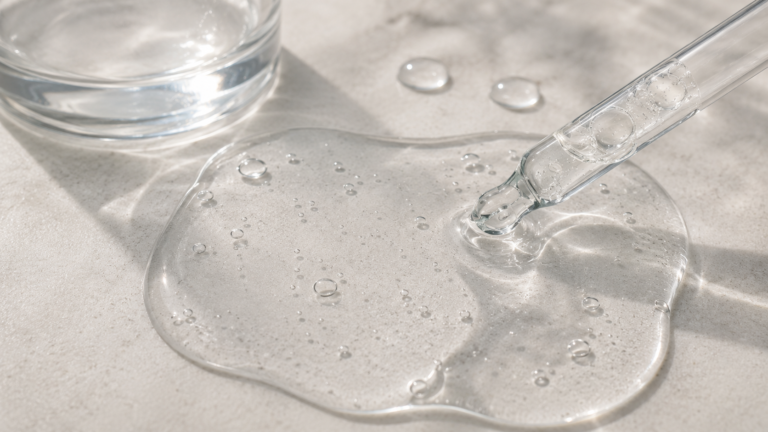 Clear hydrating gel and a glass dropper in bright, minimal skincare macro photography.