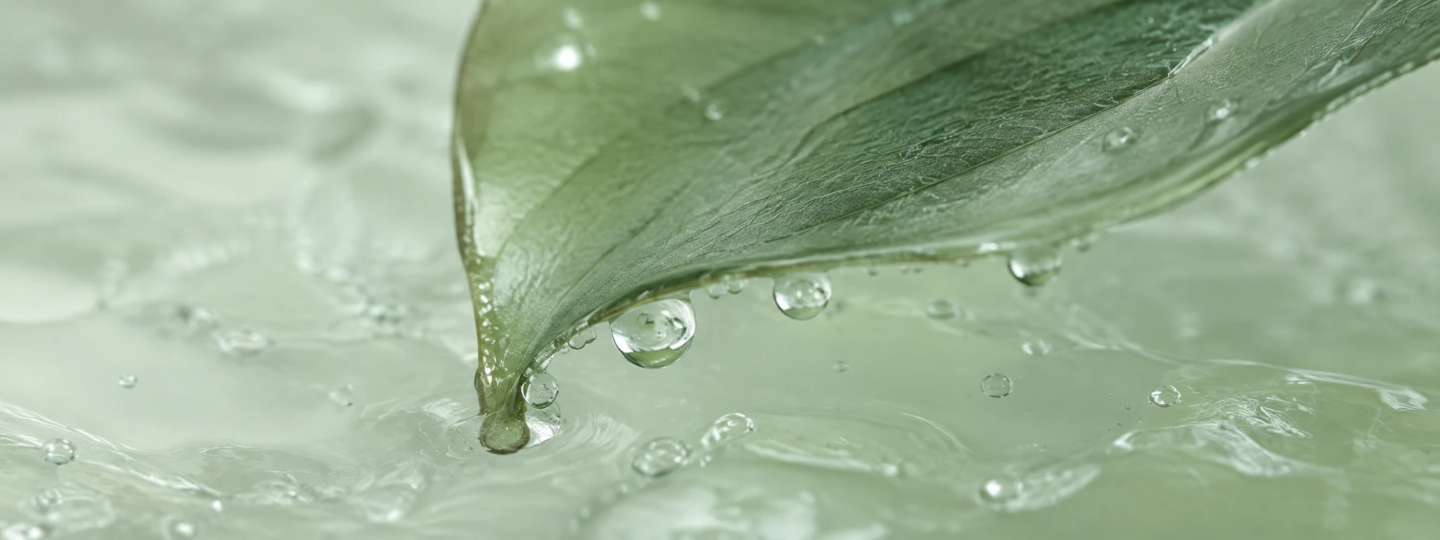 Translucent sage-green gel with water droplets along a leaf edge, macro botanical texture.