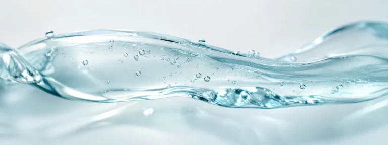 Crystal-clear aqua gel in a smooth flowing wave with suspended droplets.